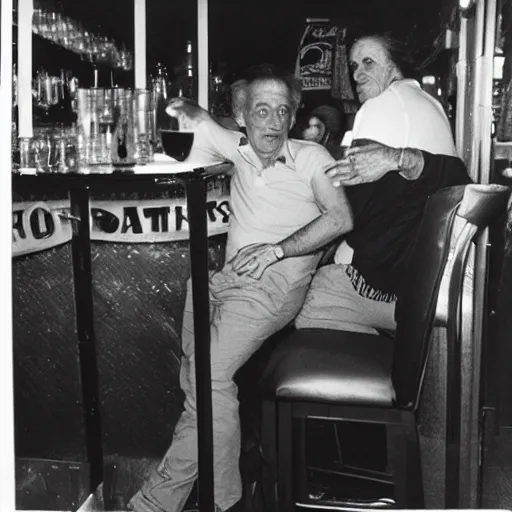 Image similar to old gay couple on a bar photographed by nan goldin, 8 0 s