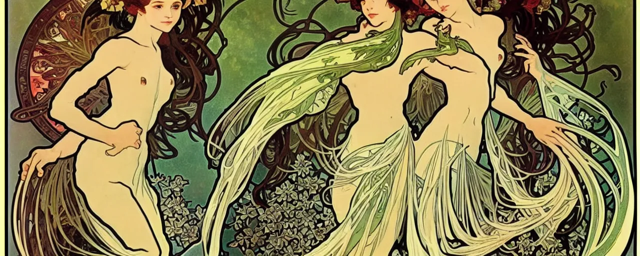 Image similar to but if a dragon is trying to burn me alive and i kill it to save my life i'm gonna call that vegan, style of alphonse mucha