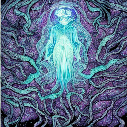 Prompt: eldritch being, made of dark matter and holographic flowers, formless and amorphous, beautiful and thought provoking, realistic eerie fantasy illustration