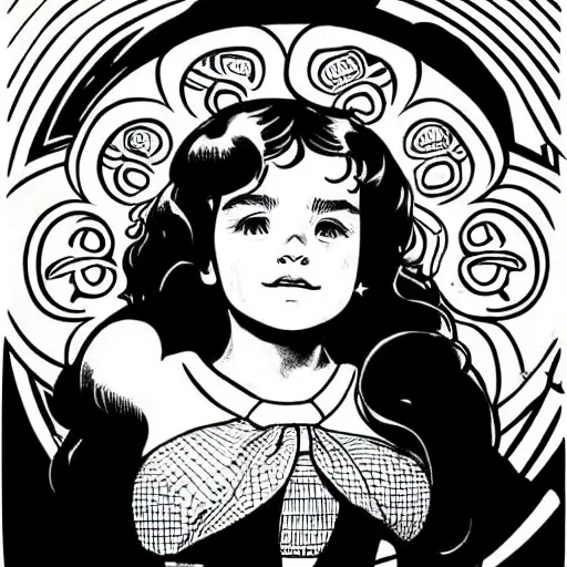 Image similar to clean simple line art of a little girl with wavy curly hair. white background. well composed, clean black and white line drawing, beautiful detailed face. illustration by steve ditko and jack kirby and alphonse mucha