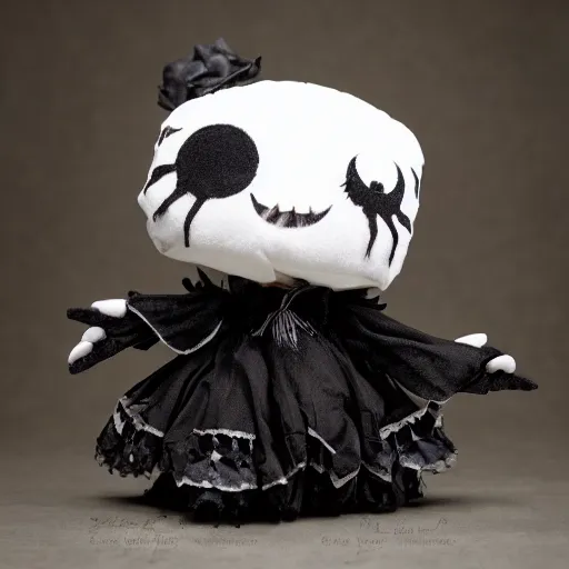Image similar to cute fumo plush of the nightmare princess, gothic regal and tattered black, broken hearts, tragic wraith, vray, web of tendrils, arachnid, shadows at play