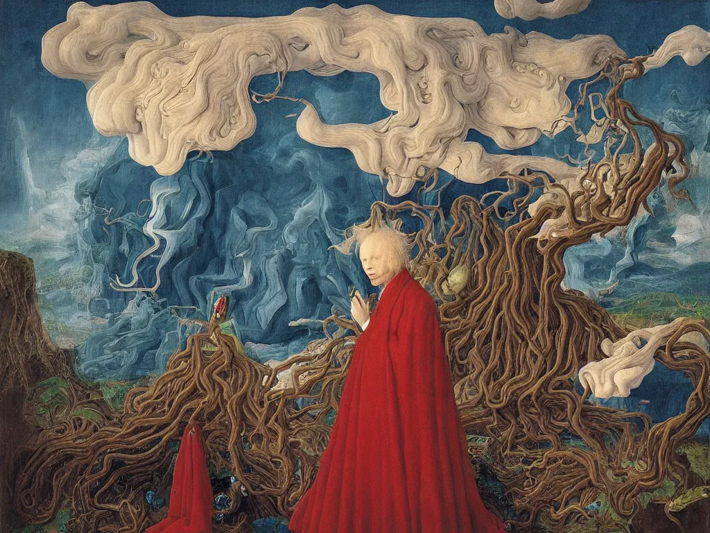 Image similar to Portrait of albino mystic with blue eyes, with exotic beautiful orchid medusae. Landscape with tsunami, giant wave. Painting by Jan van Eyck, Audubon, Rene Magritte, Agnes Pelton, Max Ernst, Walton Ford