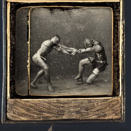 Image similar to spartan man and viking fistfighting, brutal, daguerreotype photograph