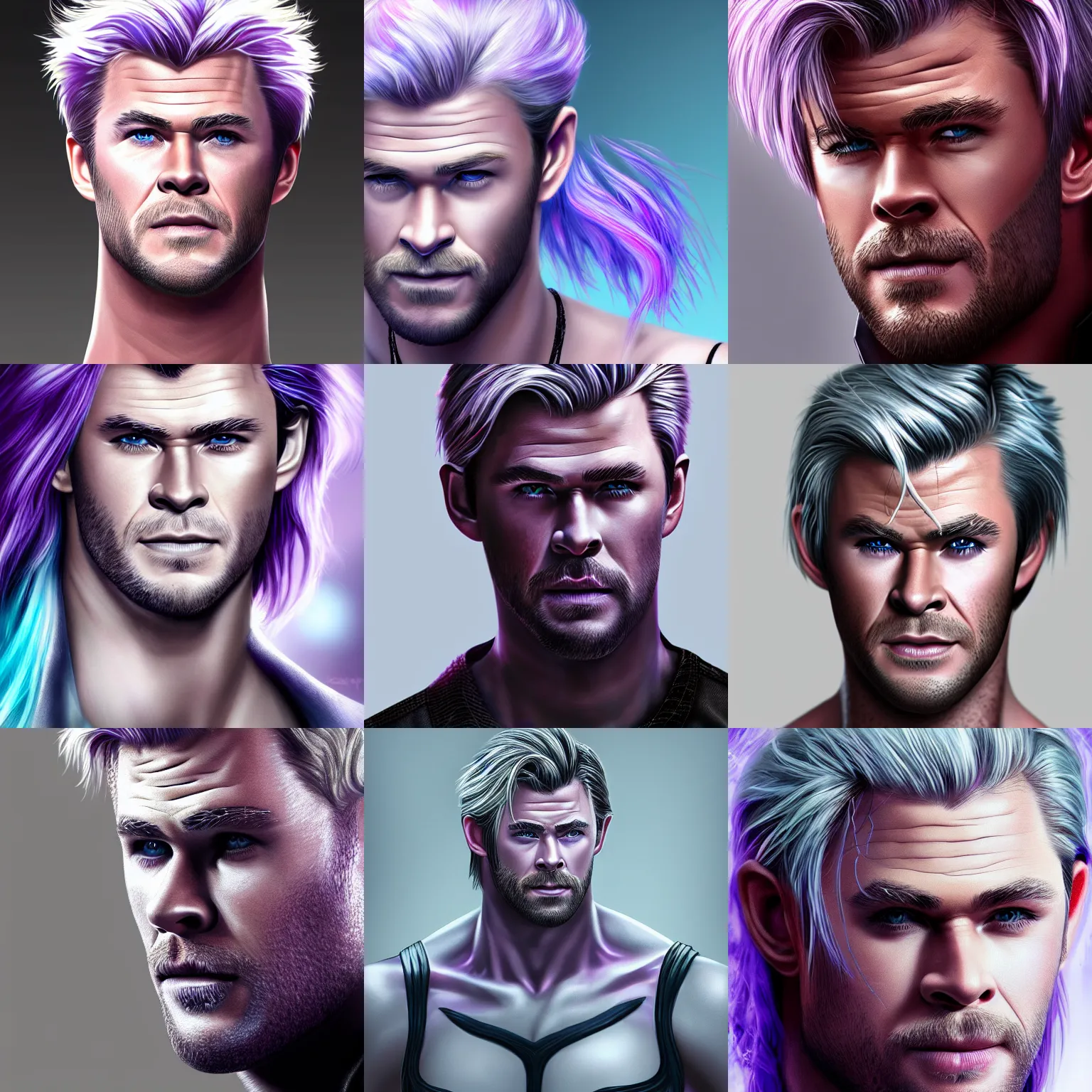 Prompt: Chris Hemsworth with purple skin and white hair, detailed digital art, 4k, HD, trending on artstation