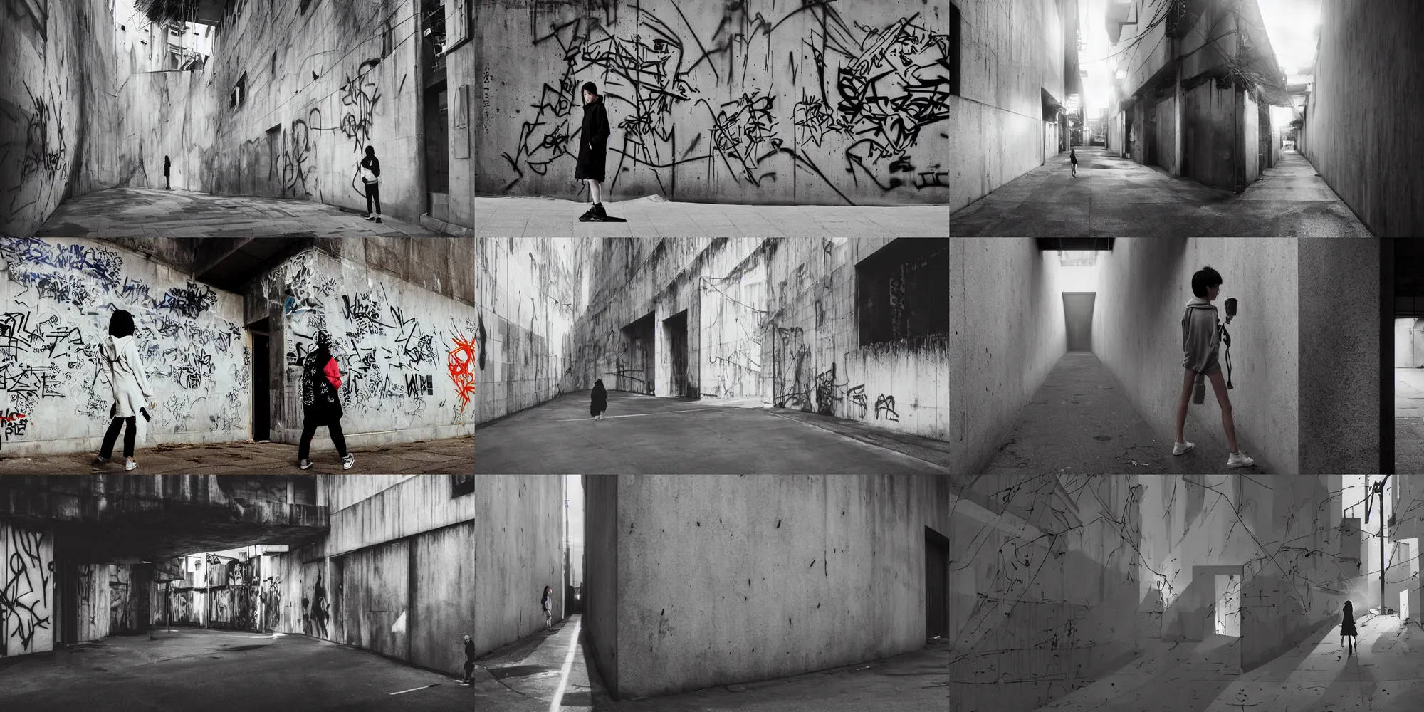 Prompt: dramatic lighting, tatsuyuki tanaka, incredible ghibli movie screenshot, vanishing point, focal point, ultra wide, brutalist, white hoodie girl, large dark hole in the side of a concrete wall, bright dappled sunlight, long dark shadows, black depths, posters, notices, graffiti, banners, junk, overgrown, spiderwebs