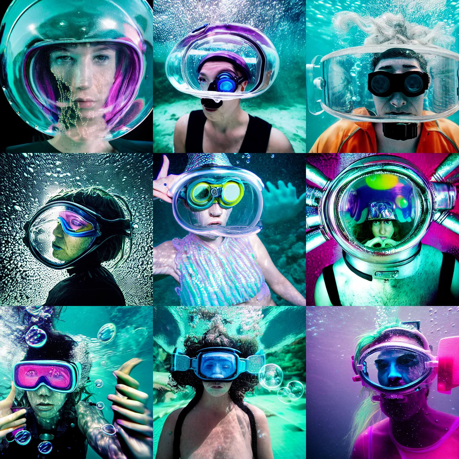 Prompt: Underwater photo of a stylish person in seapunk armor by Trent Parke, staring at a camera through a visor, close up, huge bubbles, metallic patterns, clean, detailed