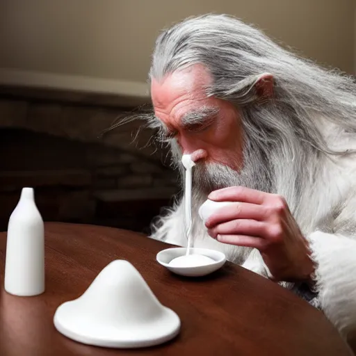 Prompt: gandalf sniffing and snorting white substance from table