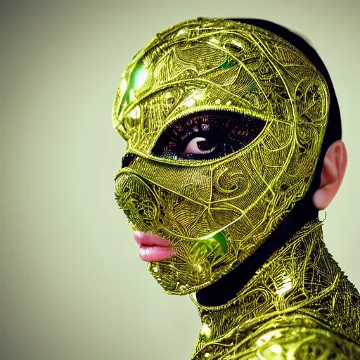Prompt: a portrait of a woman with bright green eyes, wearing a mask over her mouth made out of golden intricate wire, futuristic, speculative fashion, centred in image, highly detailed 8k photography, cinematic lighting, trending on artstation H 768