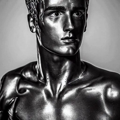 Image similar to “ a realistic detailed photo of a guy who is an attractive humanoid who is half robot and half humanoid, who is a male android, soccer player antoine griezmann, shiny skin, posing like a statue, blank stare, on the bed, on display ”