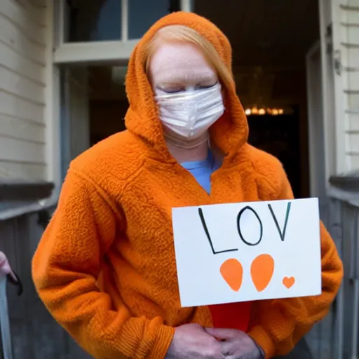 Image similar to orange tabby cat holds sign that says