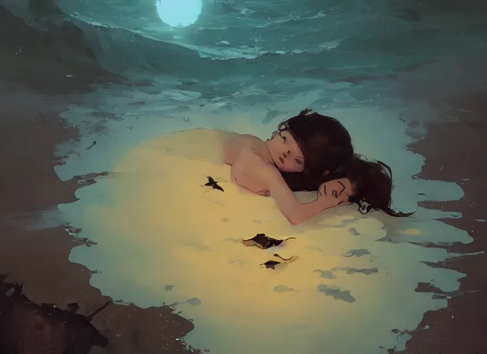 Image similar to a little witch sleeping at the sea art by craig mullins, james gilleard, by joe fenton, by greg rutkowski, by greg tocchini, by kaethe butcher, 4 k resolution, gradient yellow, black, brown and cyan color scheme, grunge aesthetic!!!