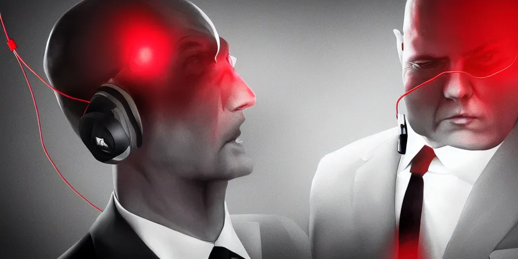 Image similar to agent 4 7 from hitman wearing headphones with wires everywhere listening to music, dark background, red rim light, smooth, sharp focus, art by ali kiani amin