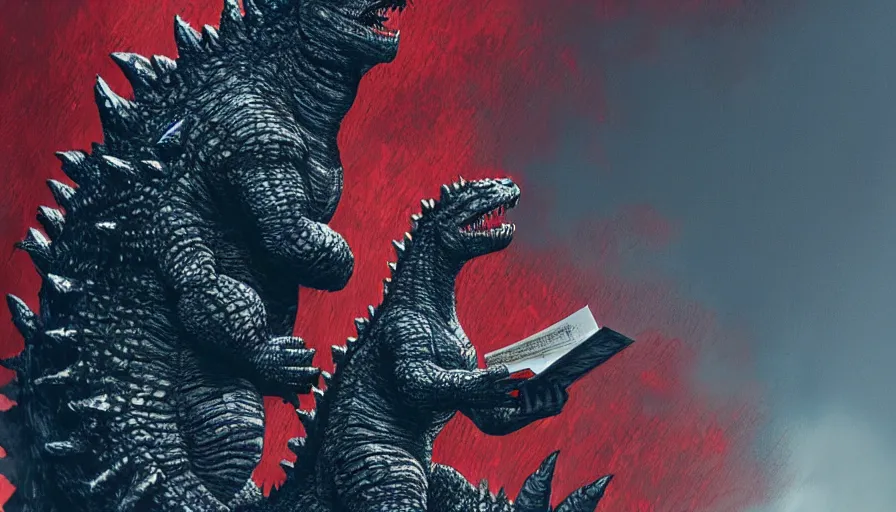 Prompt: Godzilla reading a movie script on a red couch, hyperdetailed, artstation, cgsociety, 8k