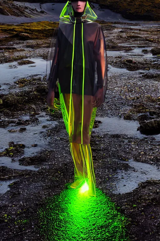 Image similar to an ultra high definition professional high fashion portrait studio full length photograph of a model wearing a transparent pearlescent raincoat and neon visor in an icelandic black rock environment at dawn. no artefacts. extremely detailed. stark. refraction. shallow depth of field. volumetric light and shadow. ray tracing. light rays.