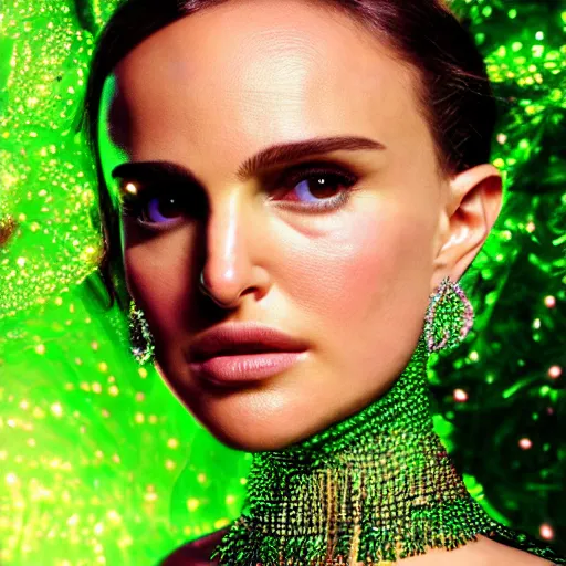 Prompt: portrait natalie portman, glowing, ornate and intricate green jewelry, jaw dropping beauty, glowing background lighting, green accent lighting, hyper detailed, fairy tale, 4 k octane render