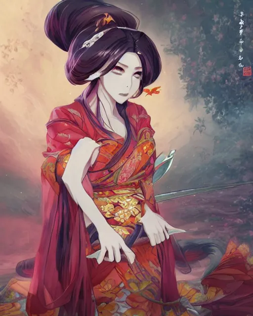 Image similar to An anime portrait of Ssunbiki as a beautiful kitsune woman wearing a kimono from Skyrim, by Stanley Artgerm Lau, WLOP, Rossdraws, James Jean, Andrei Riabovitchev, Marc Simonetti, and Sakimichan, trending on artstation