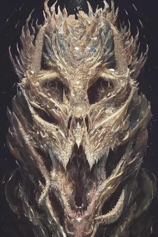 Prompt: A fancy portrait of a crystalized dragon skull by Greg Rutkowski, beeple, Sung Choi, Mitchell Mohrhauser, Maciej Kuciara, Johnson Ting, Maxim Verehin, Peter Konig, final fantasy, macro lens, 35mm, 8k photorealistic, cinematic lighting, HD, high details, dramatic, dark atmosphere, trending on artstation