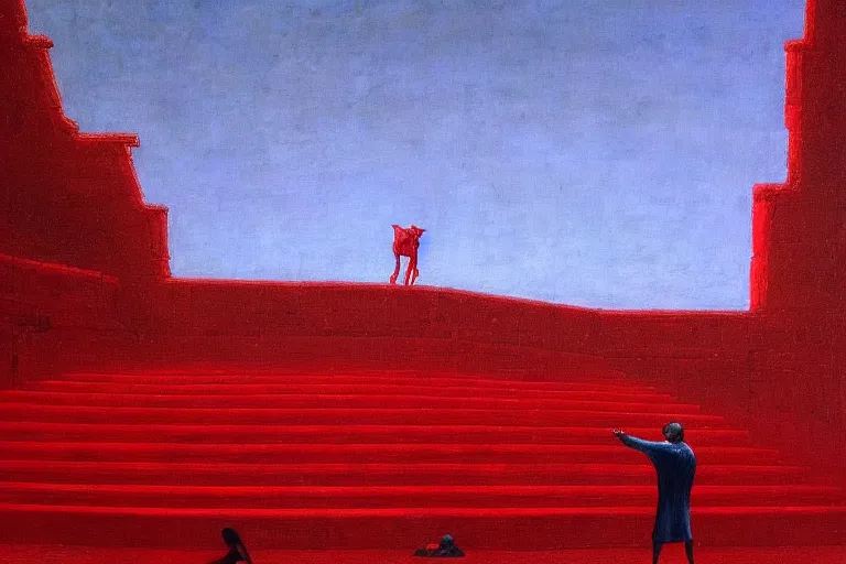 Image similar to only with red, a red melted emperor, taormina amphitheatre, crowd hails him happy, in the style of beksinski, parts by edward hopper, parts by rodcenko, parts by yue minjun, intricate and epic composition, red by caravaggio, insanely quality, highly detailed, masterpiece, red light, artstation, 4 k