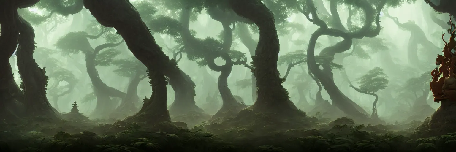 Image similar to Mysterious beautiful Buddhist forest, matte painting by Peter Mohrbacher, featured in artstation, octane render, cinematic, elegant, intricate, 8k