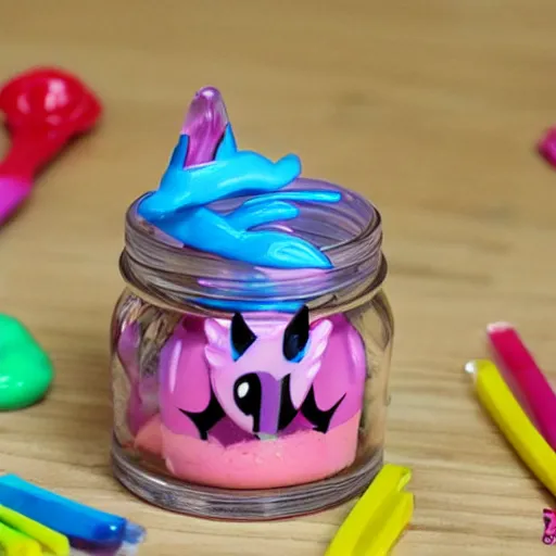 Prompt: a my little pony figure in a jar covered in a mysterious sticky yellowish fluid