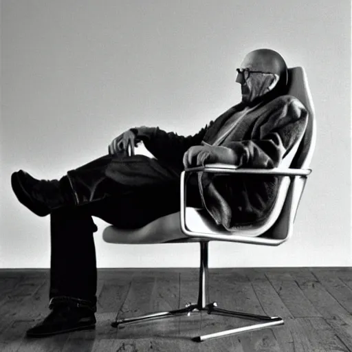 Image similar to walter white sitting on chair photo by annie leibovitz 8 0 mm lens bokeh