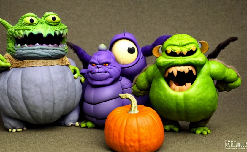 Image similar to pumpkin godzilla yoda donkey kong pikachu yeti shrek super robot homer groot waluigi darth vader mike wazowski, highly detailed, extremely high quality, hd, 4 k, 8 k, professional photographer, 4 0 mp, lifelike, top - rated, award winning, cinematic, realistic, detailed lighting, detailed shadows, sharp, no blur, edited, corrected, trending