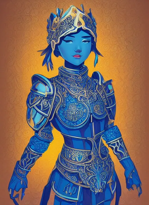 Prompt: a young woman in ornate, intricate blue full plate armor. the armor glows, bursting with light from the decoration. clean cel shaded vector art. shutterstock. behance hd by lois van baarle, artgerm, helen huang, by makoto shinkai and ilya kuvshinov, rossdraws, illustration, art by ilya kuvshinov