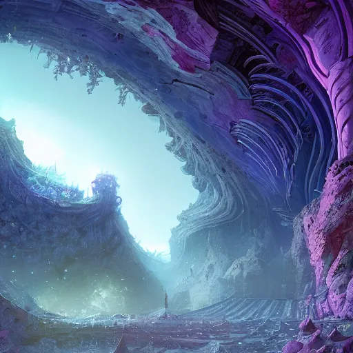 Image similar to a ultradetailed beautiful concept art a view of the unconscious labyrinth filled with countless path to the depth of the mind, dramatic lighting, dynamic lighting, cinematic lighting, purple color scheme, ultrawide angle, f 8, polarizer filter concept art, high resolution 4 k, by raphael lacoste and beeple and andreas rocha and artgerm, featured on artstation