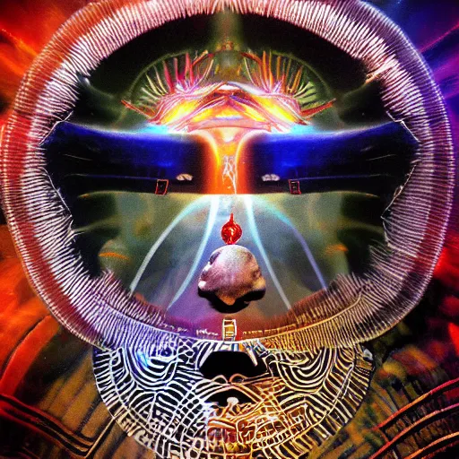 Prompt: a third eye shaman with embossed indigenous hyphae virtual reality headset in cumulonimbus storm time machine tunnel thunder energy portal : blade runner replicant : : scanners darkly : : jodorosky dunes
