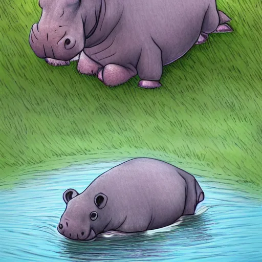 Prompt: sad hippo waking up in a beautiful river landscape, drawn by erin stead, trending on artstation