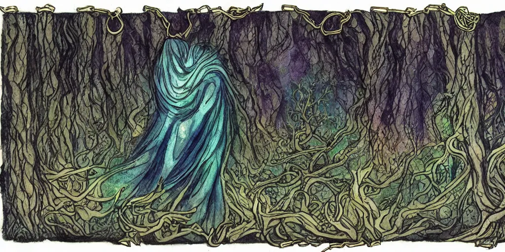 Image similar to expressive cloaked flowing shadow demon lurking in a dense creepy, mythical woodland. beautiful angles holding golden chains in the sky. colored inks heightened with opaque paints miniature on vellum.