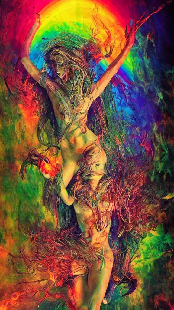 Prompt: the most beautiful supermodel girl burning with unseen colors, photo pic taken by gammell + giger + mcfarlane + del toro + divine god + after life+ realistic delights, rainbow colors drip