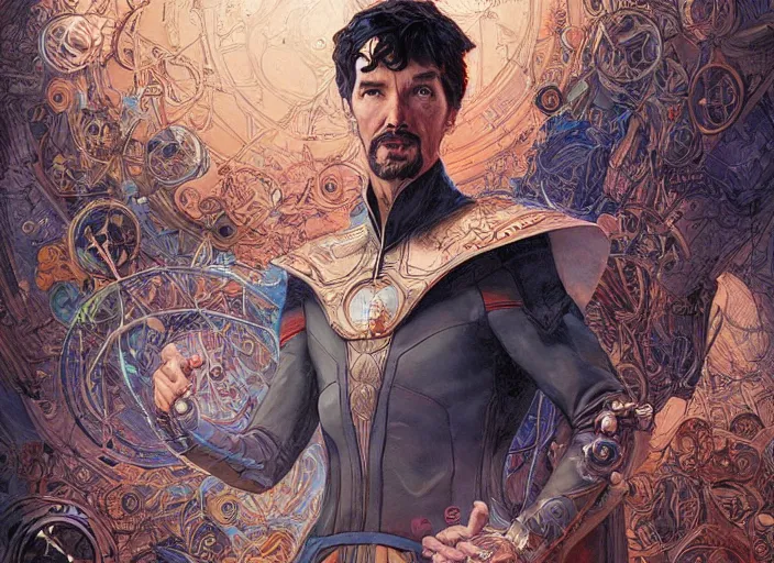 Prompt: a highly detailed futuristic portrait of stephen strange, james gurney, james jean