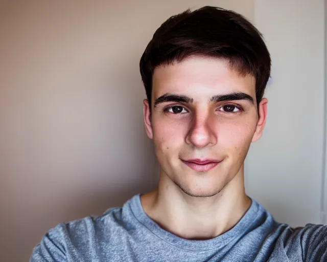 Image similar to A young man with big round brown eyes, medium length brown hair, a roman nose, oval face, wearing a maroon t-shirt, clean shaven, HD selfie