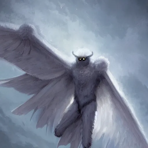 Prompt: white fur mothman, big wings on back, mothman moth, by greg rutkowski