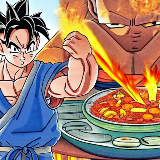 Prompt: son goku cooking a paella on the beach by akira toriyama