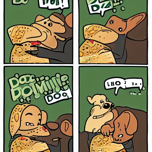 Prompt: a comic strip about a dog. The dog steals a pizza. Cops chase the dog. The dog eats the pizza