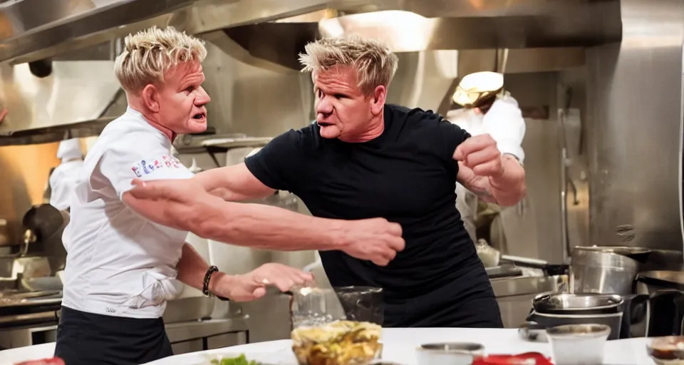 Image similar to photo of angry furious Gordon Ramsay punching Gordon Ramsay at the kitchen