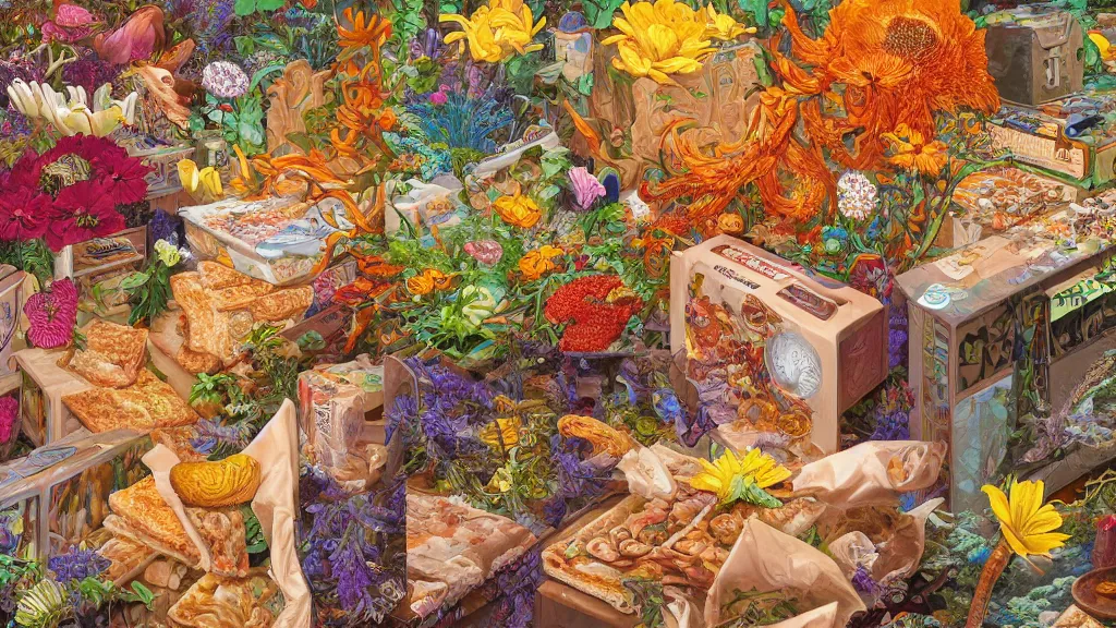 Prompt: highly detailed oil painting of a box of hot pockets surrounded by all the known species of flowers by olaf hayek, by moebius, by oliver vernon, by joseph moncada, by damon soule, by manabu ikeda, by kyle hotz, by dan mumford, by kilian eng