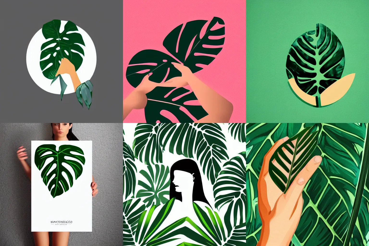 Prompt: A beautiful vector logo design of a woman holding a monstera leaf trending on artstation, 8k HD wallpaper digital art