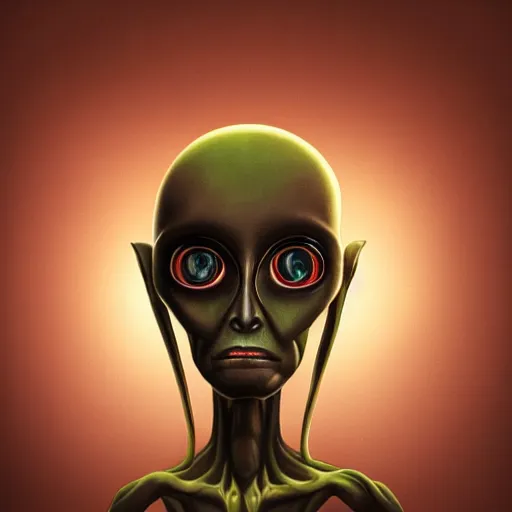 Prompt: a professionally painted portrait of a typical alien with large eyes, friendly, symmetry, golden hour, 8k, HD