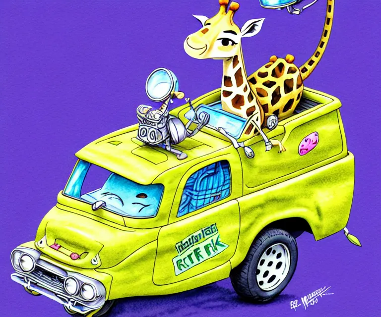 Image similar to cute and funny, giraffe wearing a helmet riding in a tiny hot rod with oversized engine, ratfink style by ed roth, centered award winning watercolor pen illustration, isometric illustration by chihiro iwasaki, edited by range murata, tiny details by artgerm and watercolor girl, symmetrically isometrically centered, focused