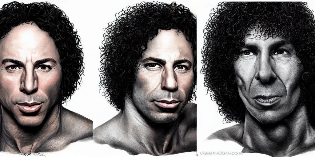 Prompt: Morph of Joe Rogan and Howard Stern in the style of Boris Vallejo, portrait, intricate, highly detailed, concept art, smooth, sharp focus