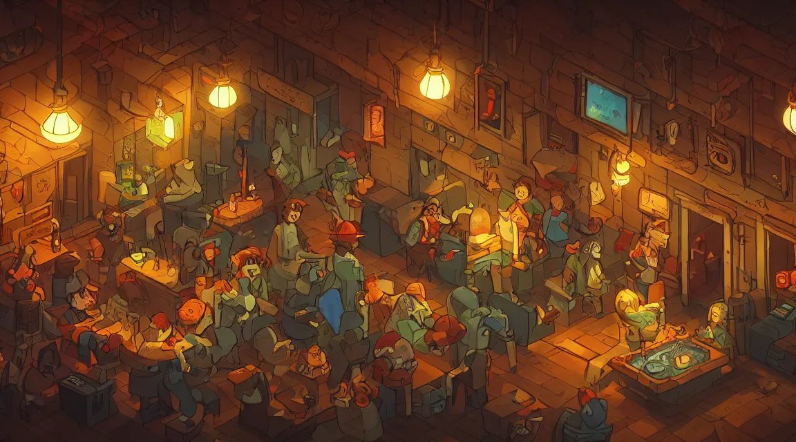 Image similar to A multidimensional cozy tavern, retro video game vibe, cinematic lighting, epic composition, cartoon, animation, background art, post processing, 8K resolution