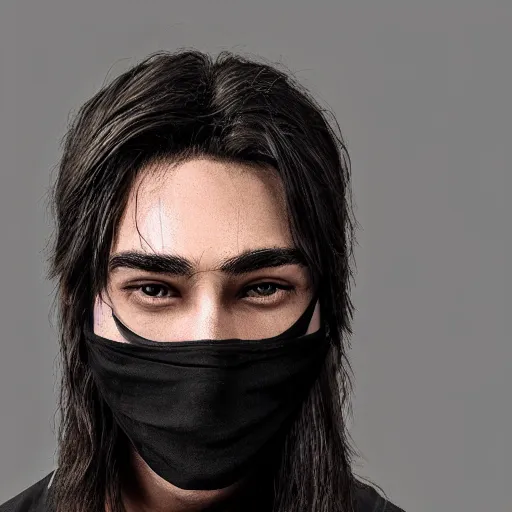 Image similar to professional digital art of a young adult man with slightly long hair wearing a black face mask and an oversized dark sweatshirt and dark sweatpants, high quality, HD, 8K, highly detailed, award-winning, sci-fi, fantasy, movie, show, tv series, actor, character