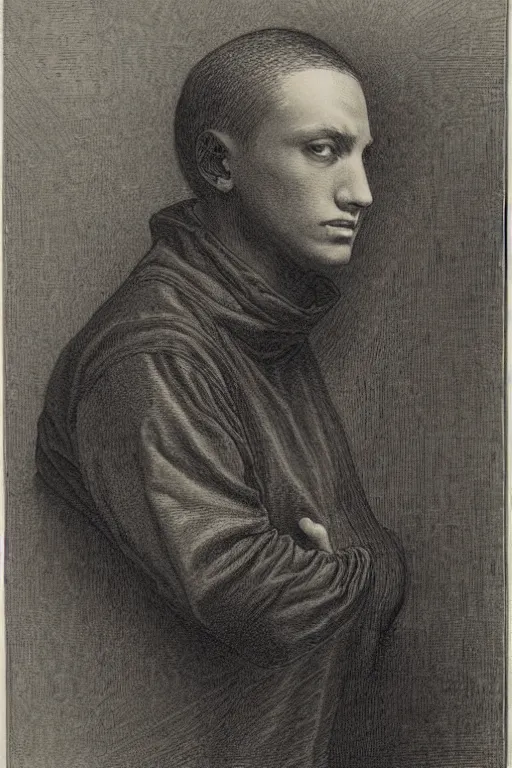 Image similar to portrait of eminem, Gustave Dore lithography