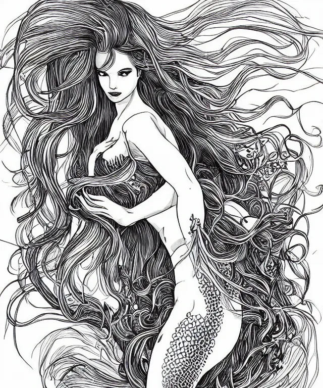 Prompt: black and white illustration, beautiful mermaid with flowing hair