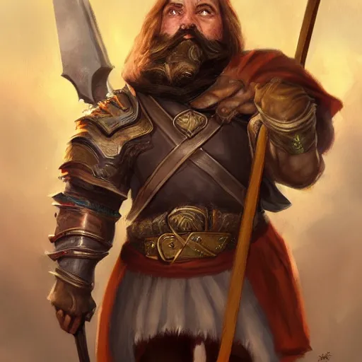 Image similar to High Fantasy whimsical portrait painting of a bearded dwarf holding a battleaxe, leg high, fantasy clothing, golden shoulder pauldrons, cgsociety, trending on artstation, dnd