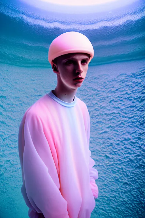 Image similar to high quality pastel coloured film mid angle portrait photograph of a beautiful young 2 0 year old male, soft features, short hair, perspex space visor and oversized inflated clothing!!!! icelandic black! rock pool environment. atmospheric three point light. photographic. art directed. ( pastel colours ). volumetric. clearcoat. waves. 8 k. filmic.