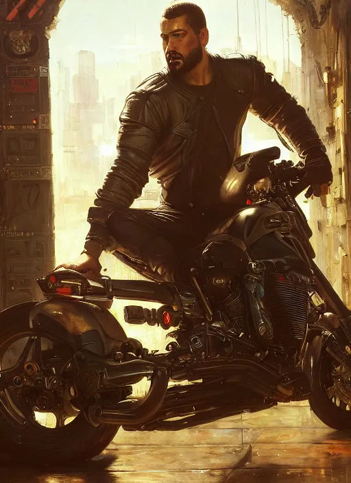 Prompt: big mike lifting a motorcycle. cyberpunk meathead wearing a military vest and combat gear. (Cyberpunk 2077, bladerunner 2049). Iranian orientalist portrait by john william waterhouse and Edwin Longsden Long and Theodore Ralli and Nasreddine Dinet, oil on canvas. Cinematic, hyper realism, realistic proportions, dramatic lighting, high detail 4k